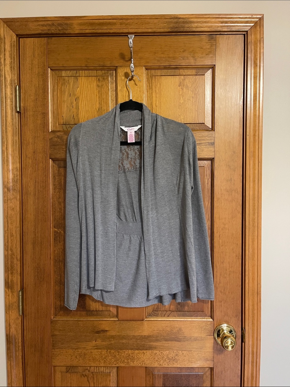 Candie's Gray Open-Front Knit Cardigan with Lace Inset